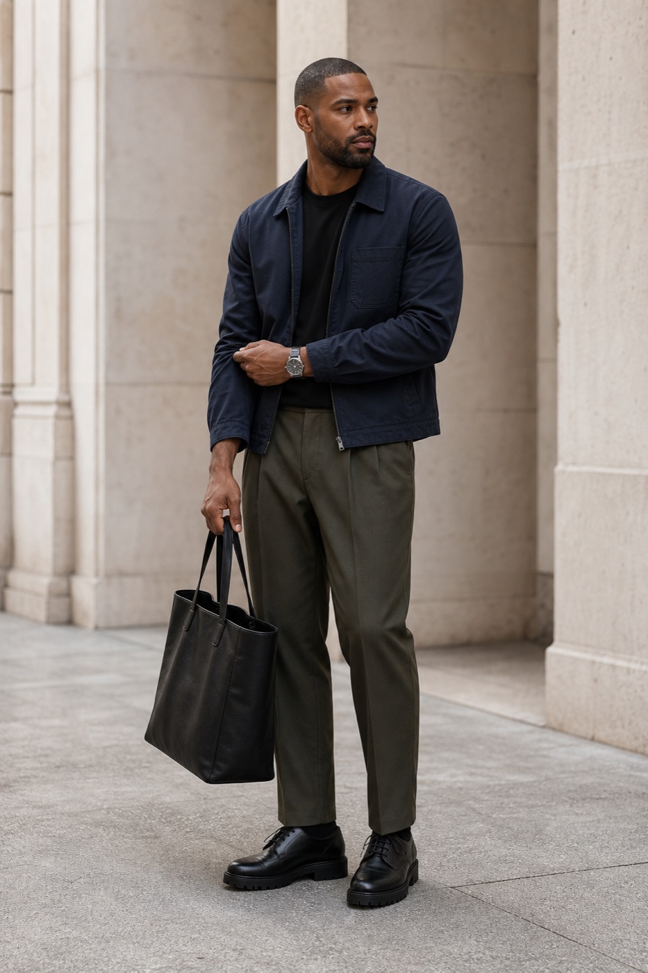 Navy Jacket + Wide Trousers outfit