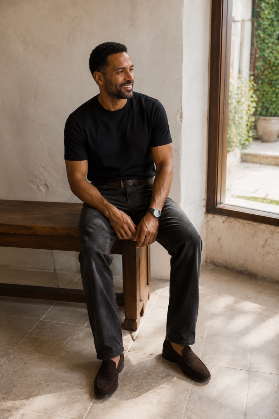 Black Tee + Washed-Black Jeans menswear outfit