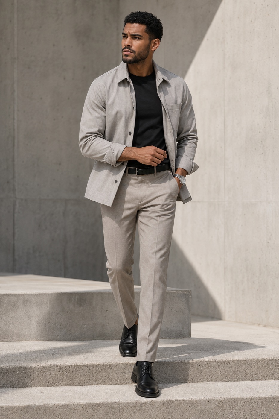 Light Grey Overshirt + Slim-Straight Trousers outfit