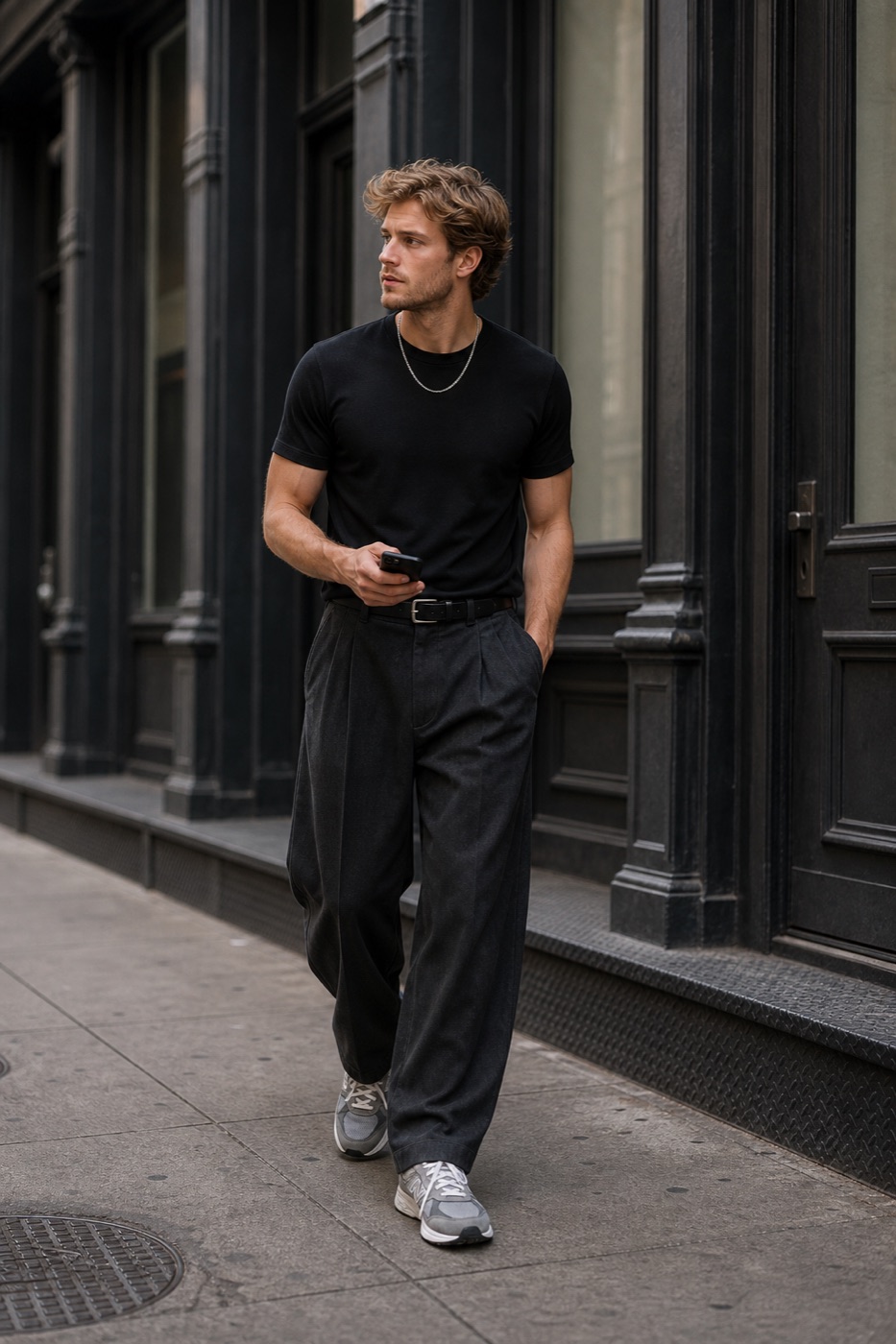 Fitted black tee with washed black wide-leg trousers and grey running shoes