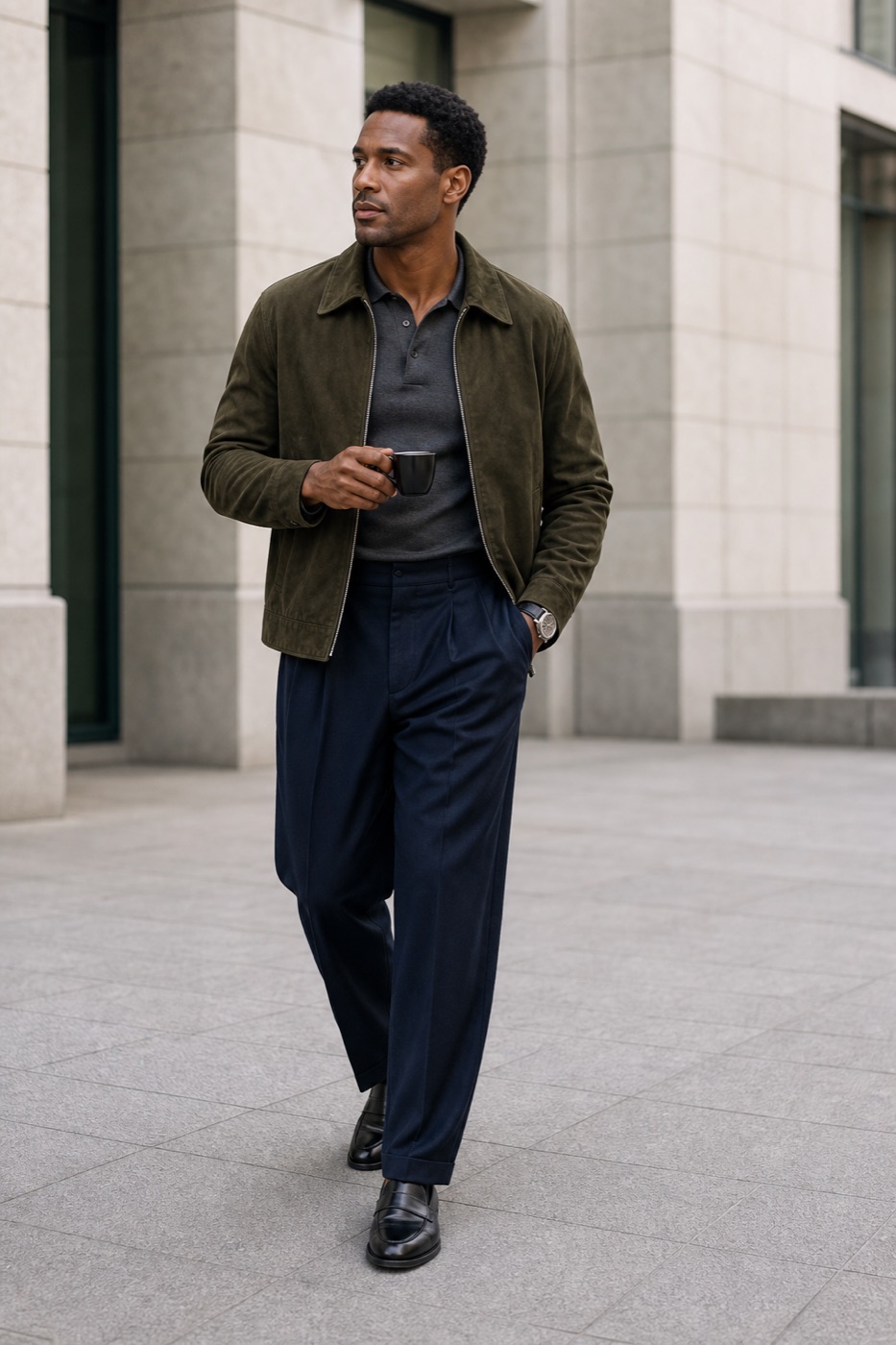 Dark Olive Jacket + Wide Trousers outfit