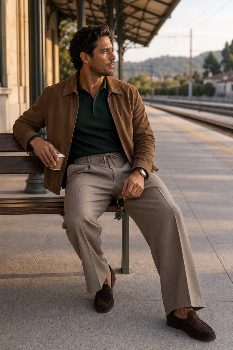 Camel Jacket + Wide Trousers outfit