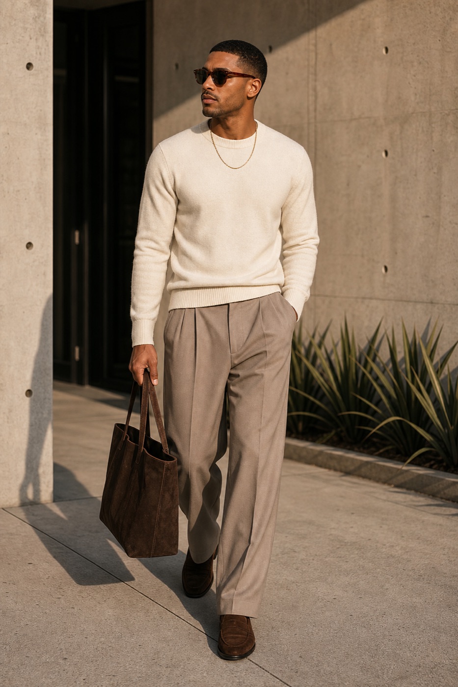 Cream Sweater and Relaxed Trousers