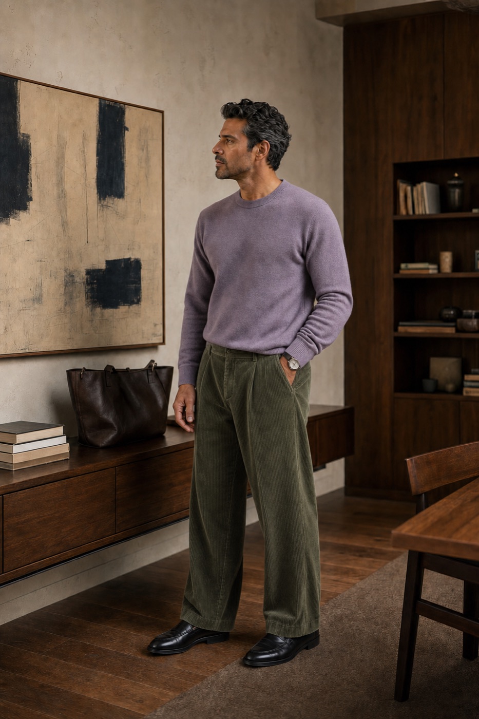 Dusty Lavender Crewneck + Moss Wide Corduroy Trousers outfit