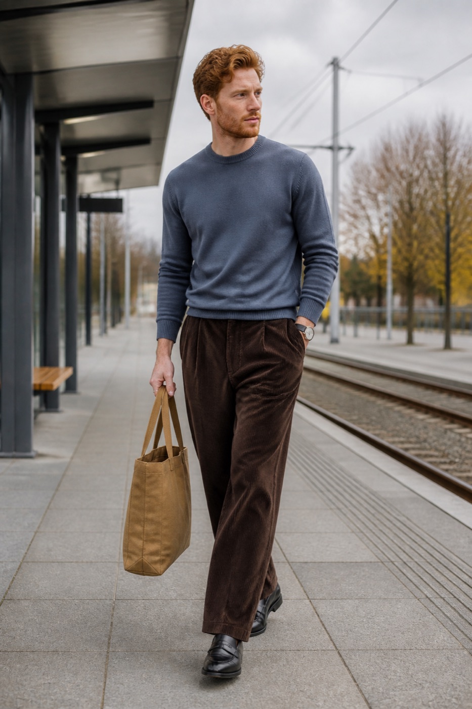 Muted Blue Crewneck + Dark Brown Wide Cord Trousers outfit