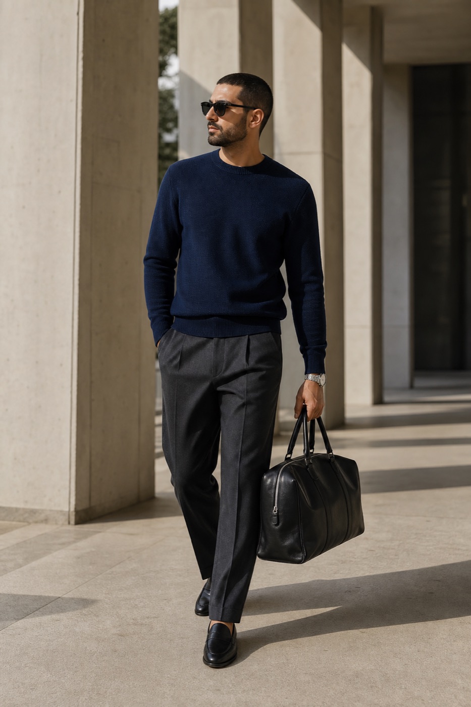 Deep Navy Textured Crewneck + Relaxed Straight Trousers outfit
