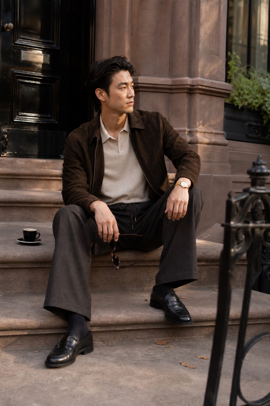 Chocolate Jacket + Wide Trousers outfit