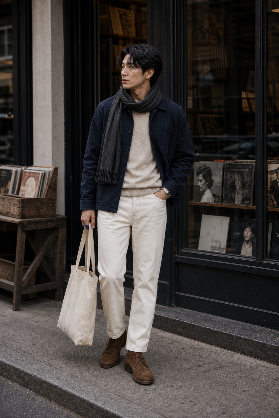 Navy Chore Jacket + Straight Denim Pants outfit