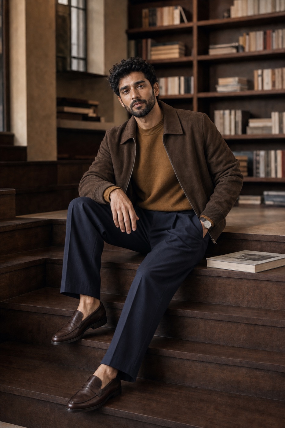 Chocolate Blouson + Midnight Navy Pleated Trousers outfit