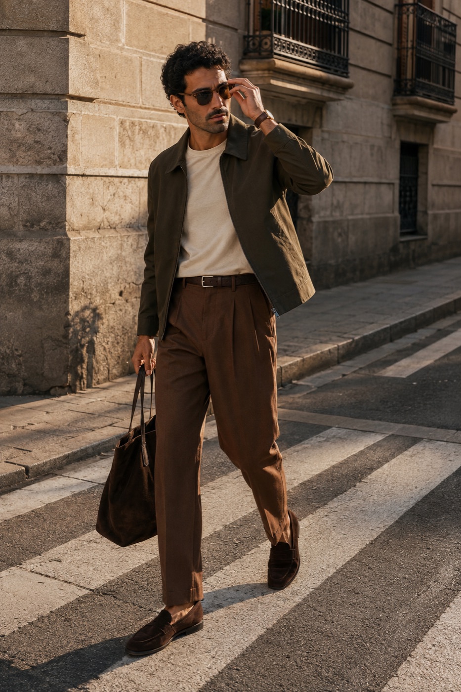 The colored tee fit with richer autumn color menswear outfit