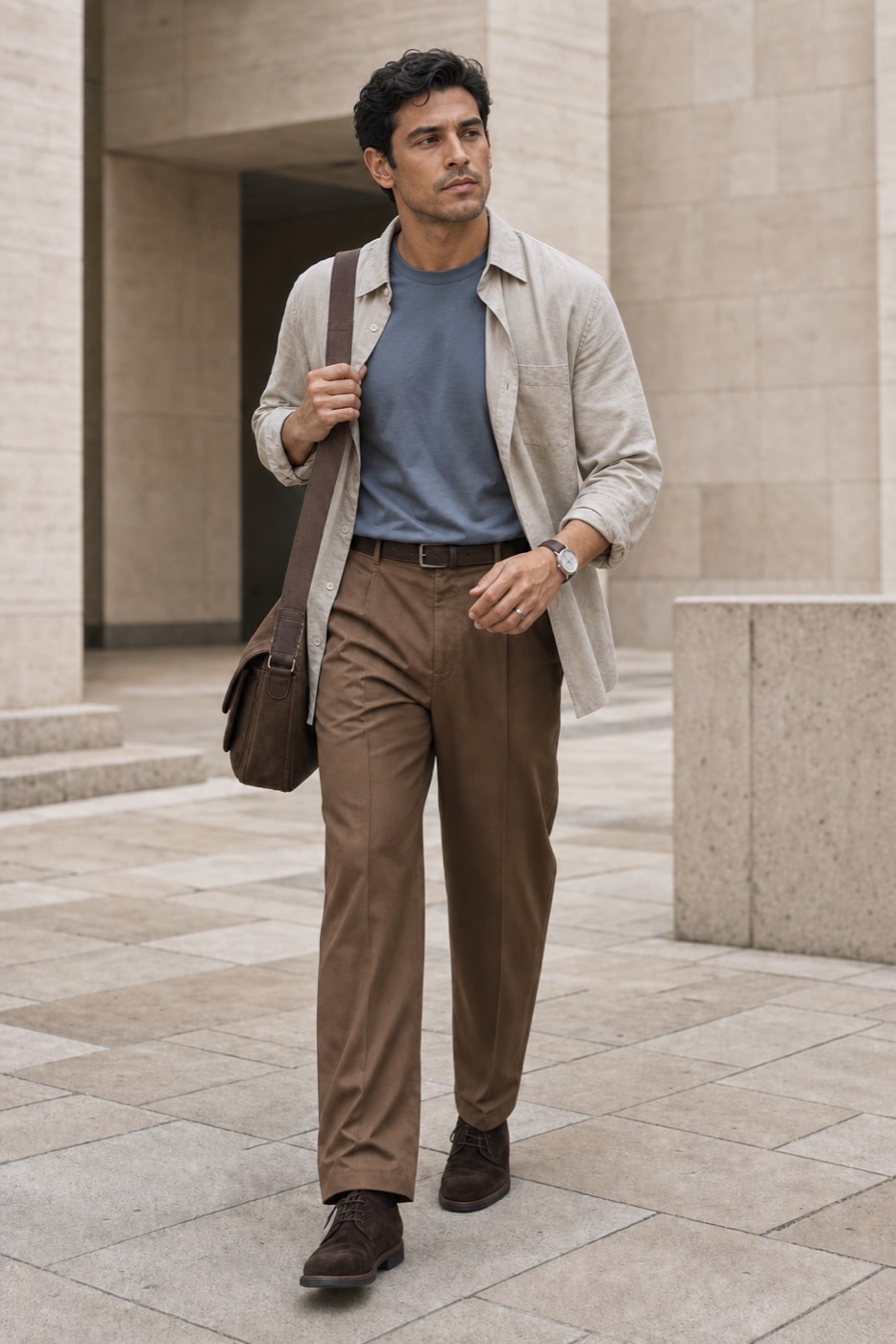 Dusty blue and tobacco relaxed outfit