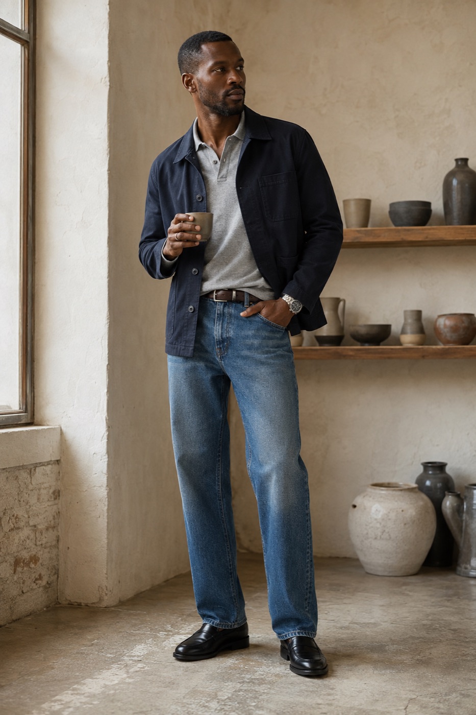 The knit-polo experiment with clean denim menswear outfit