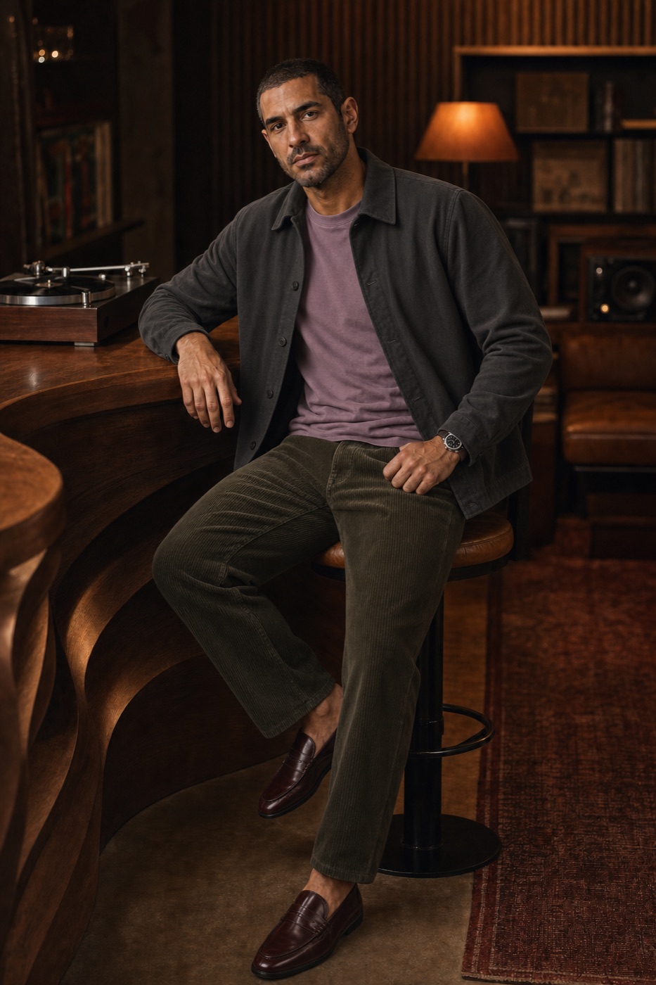 Charcoal Overshirt + Straight Corduroy Trousers outfit