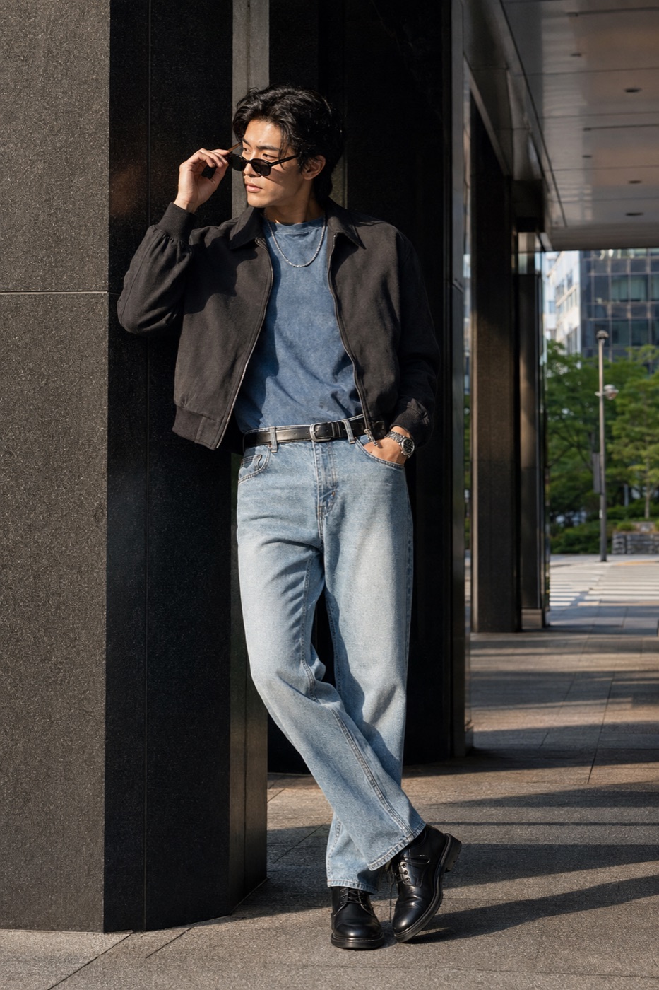 The blue-on-blue fit with stronger contrast menswear outfit