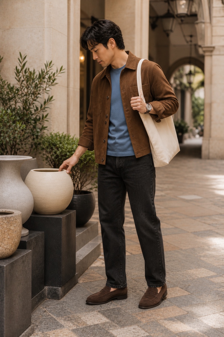 Tobacco Overshirt + Black Straight Jeans outfit