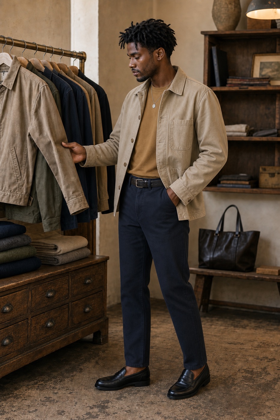 Sand Canvas Chore Jacket + Midnight Navy Straight Trousers outfit