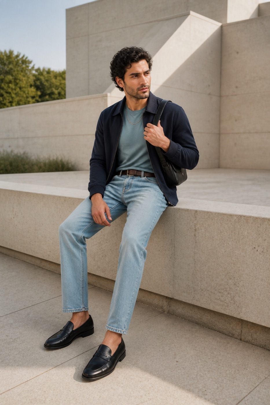 Navy Harrington + Light Wash Straight Denim outfit