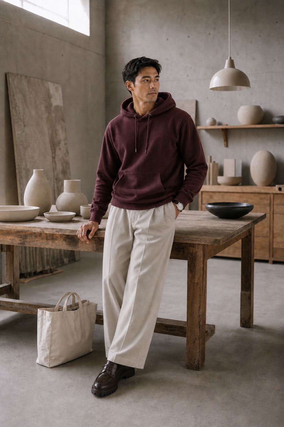 Muted Burgundy Hoodie + Light Stone Wide Trousers outfit