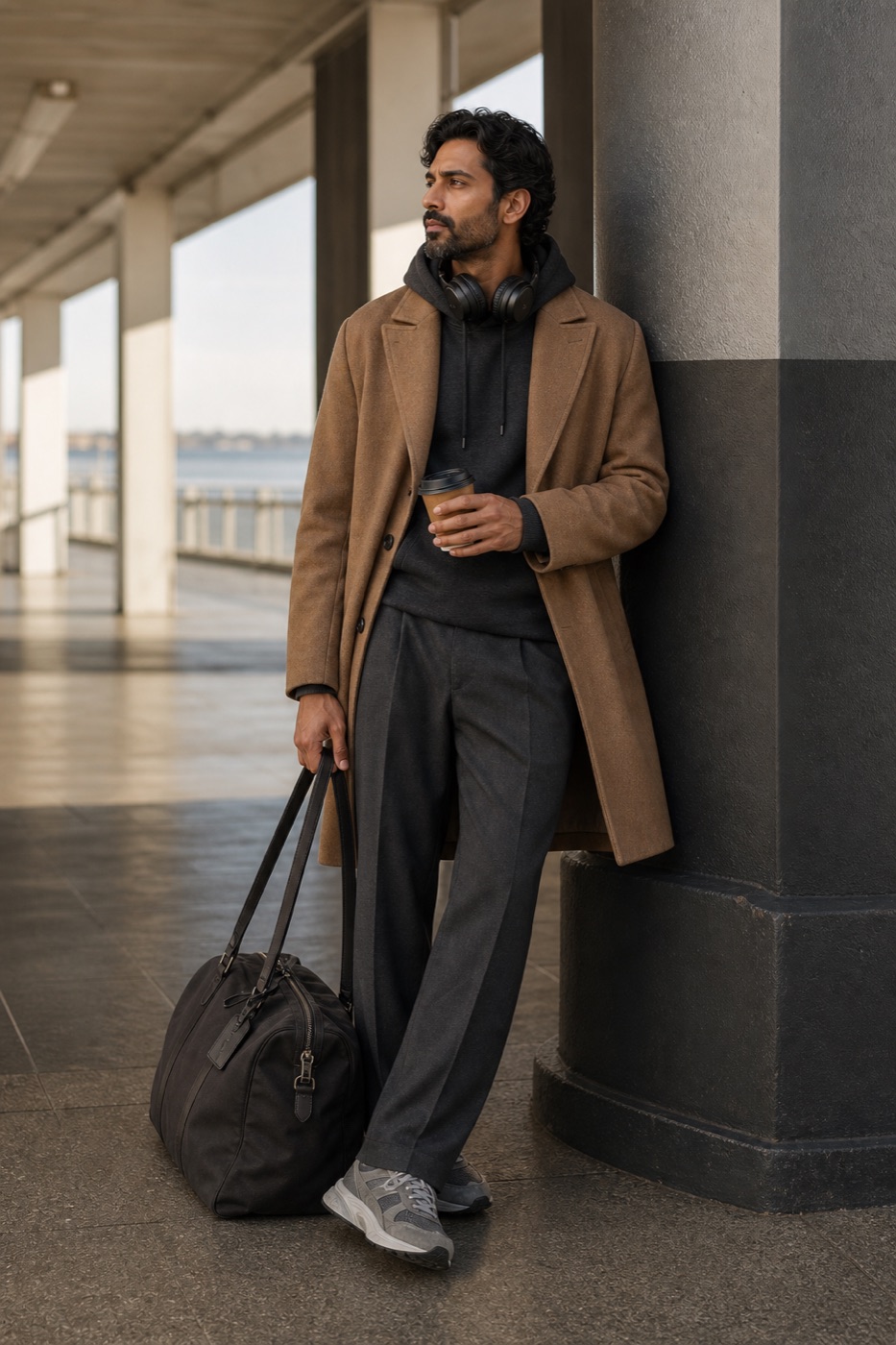 Camel Wool Coat + Tailored Trousers outfit