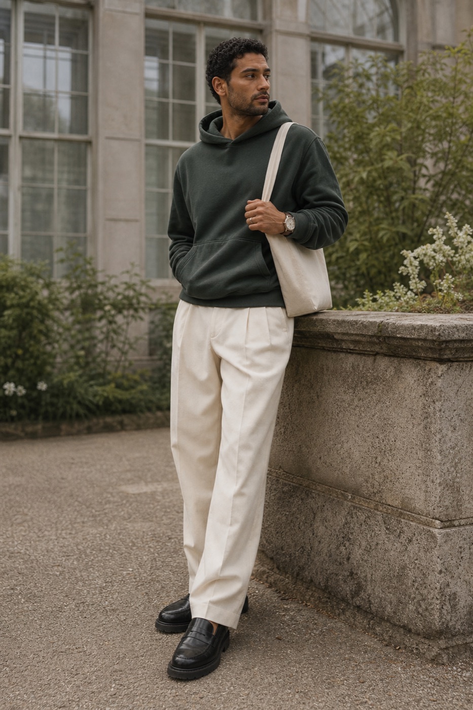 Forest Hoodie + Pleated Trousers outfit