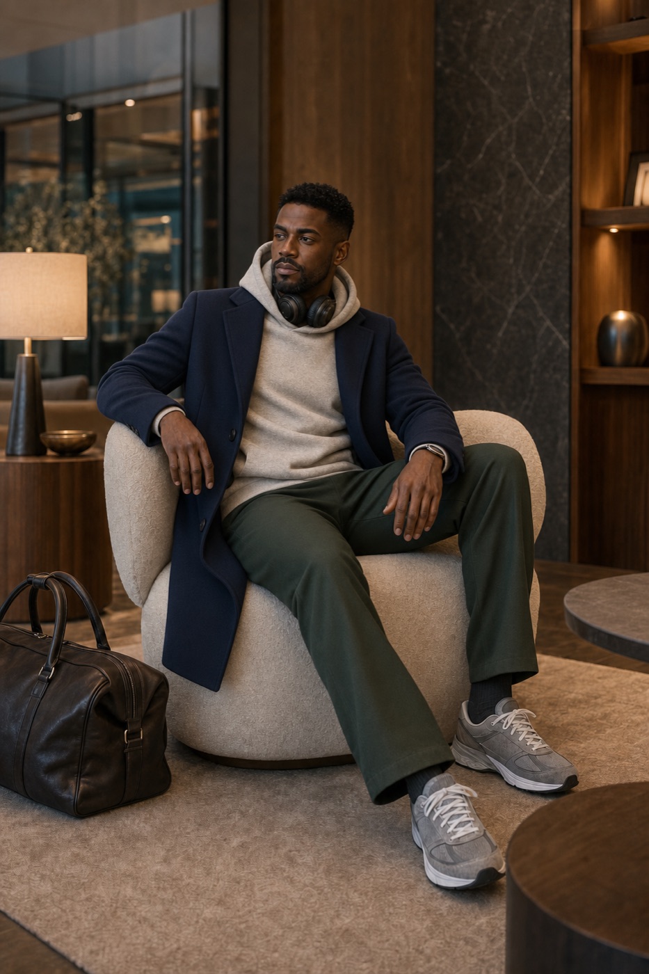 Midnight Navy Wool Overcoat + Forest Relaxed Trousers outfit