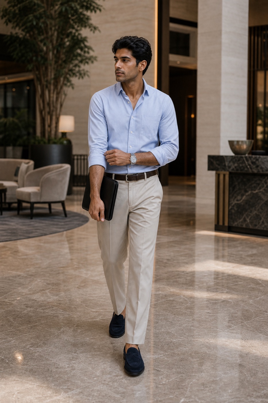 Pale Blue Oxford + Relaxed Straight Trousers outfit