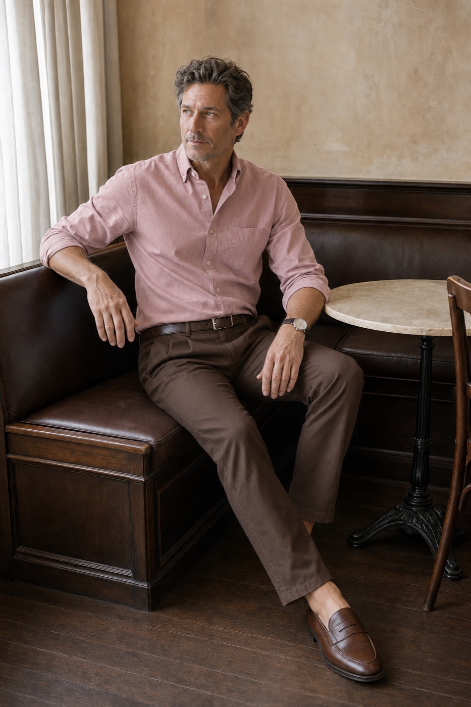Dusty Pink Oxford + Chocolate Pleated Trousers outfit