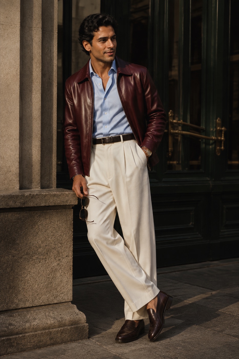 Oxblood Leather + Blue Oxford + Ivory Trousers menswear outfit
