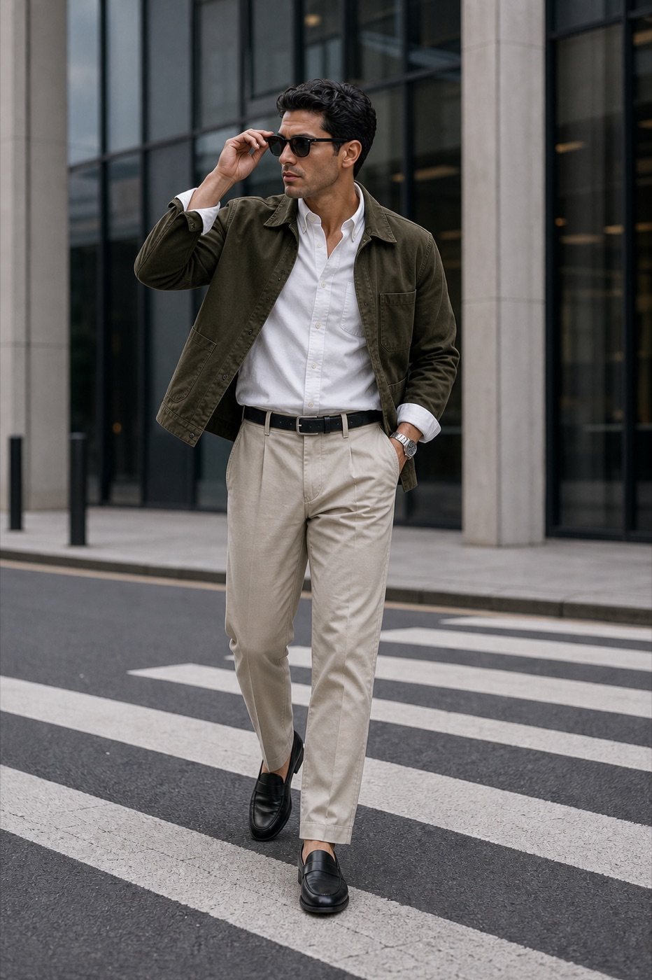 Olive Chore Jacket + Slim-Straight Trousers outfit