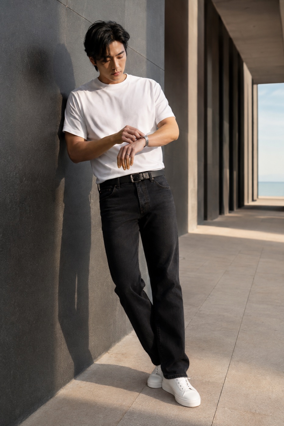 The white tee uniform with sharper architecture menswear outfit