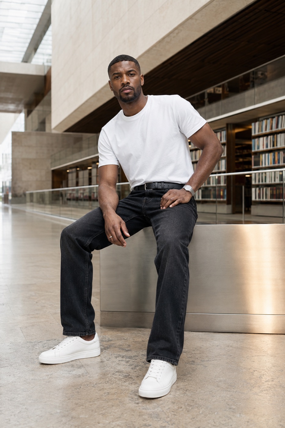 The white tee fit with a stronger seated silhouette menswear outfit