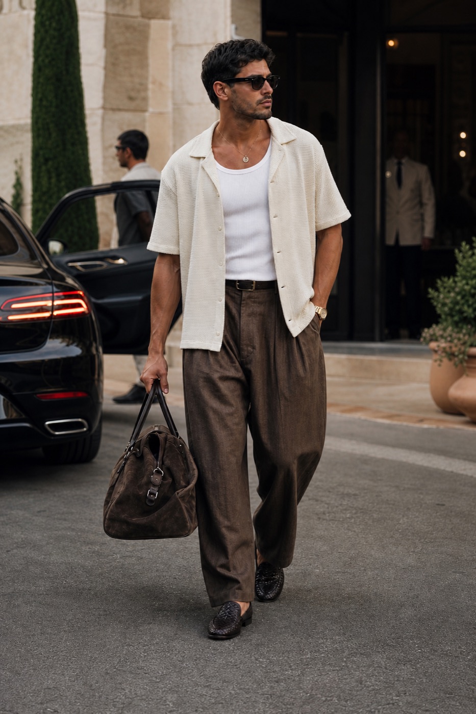 White tee outfit with cream shirt and pleated trousers