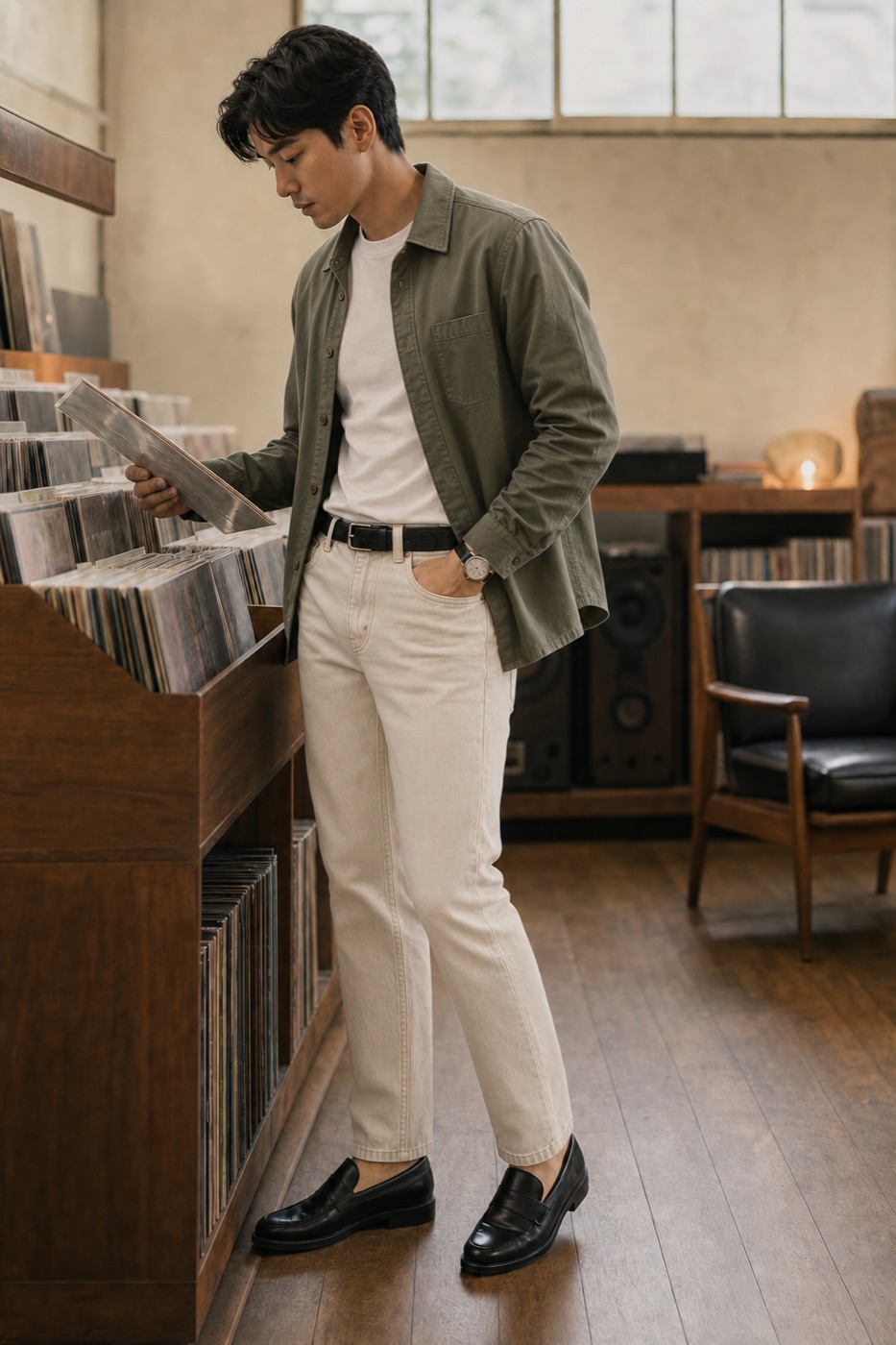 Moss Canvas Overshirt + Straight Denim outfit