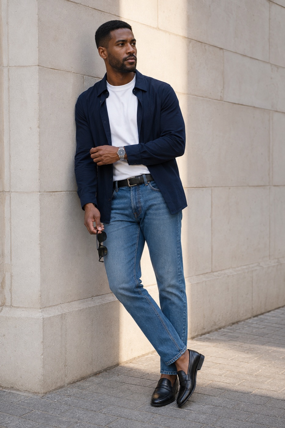 Open navy overshirt over a tucked white tee with blue jeans, a black belt, and black loafers