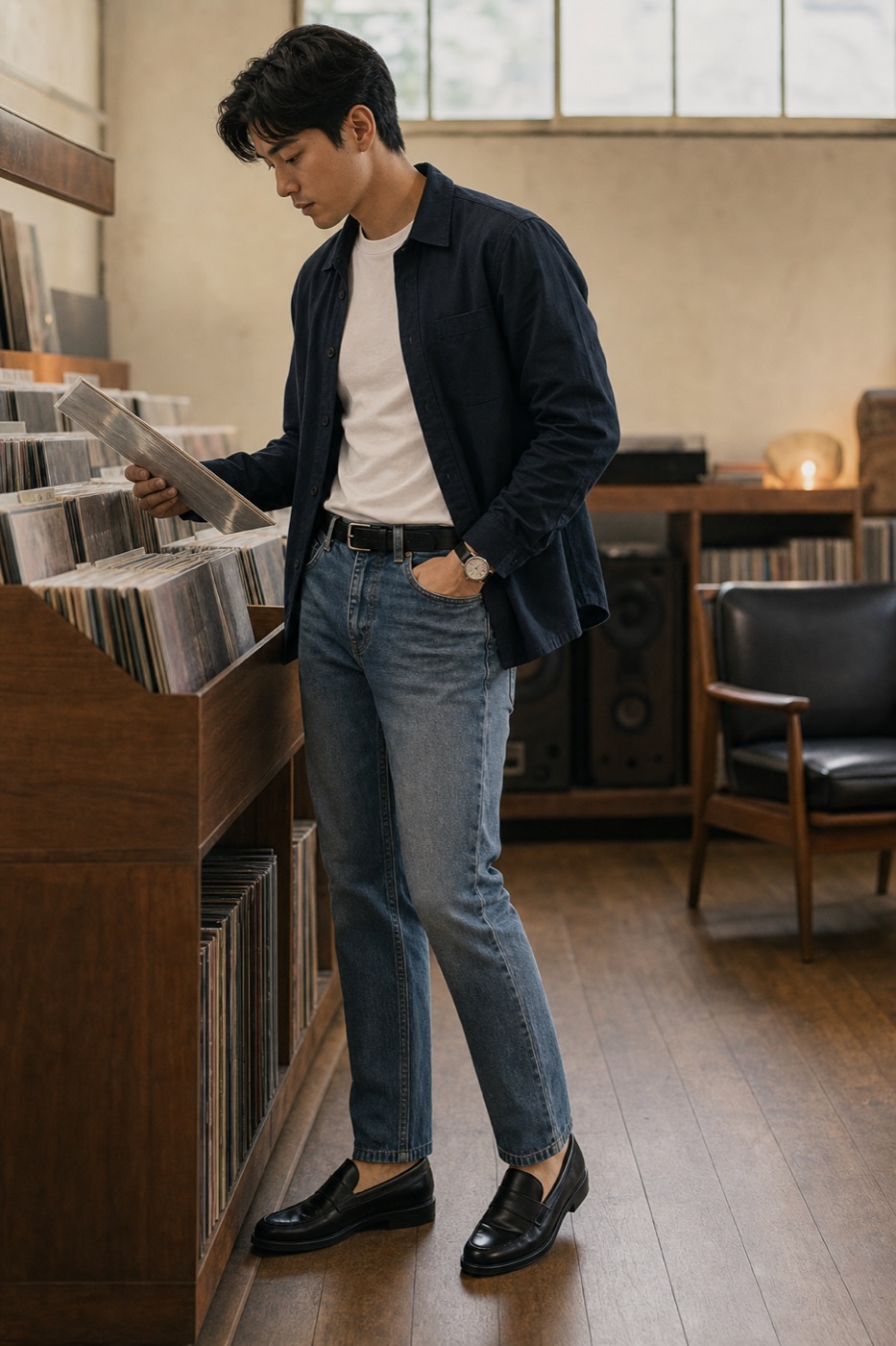 Navy Overshirt + Straight-Slim Denim outfit