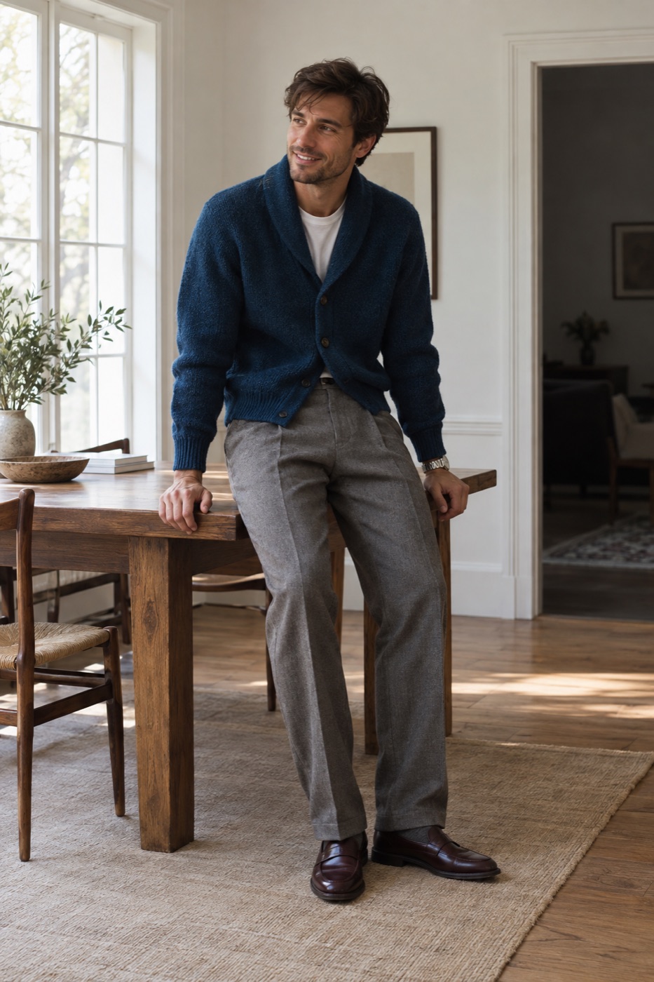 Petrol Cardigan + Gray Trousers menswear outfit