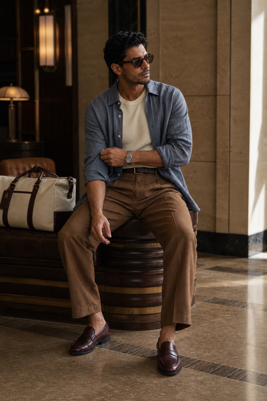 The hotel fit that feels relaxed, not resort-basic menswear outfit
