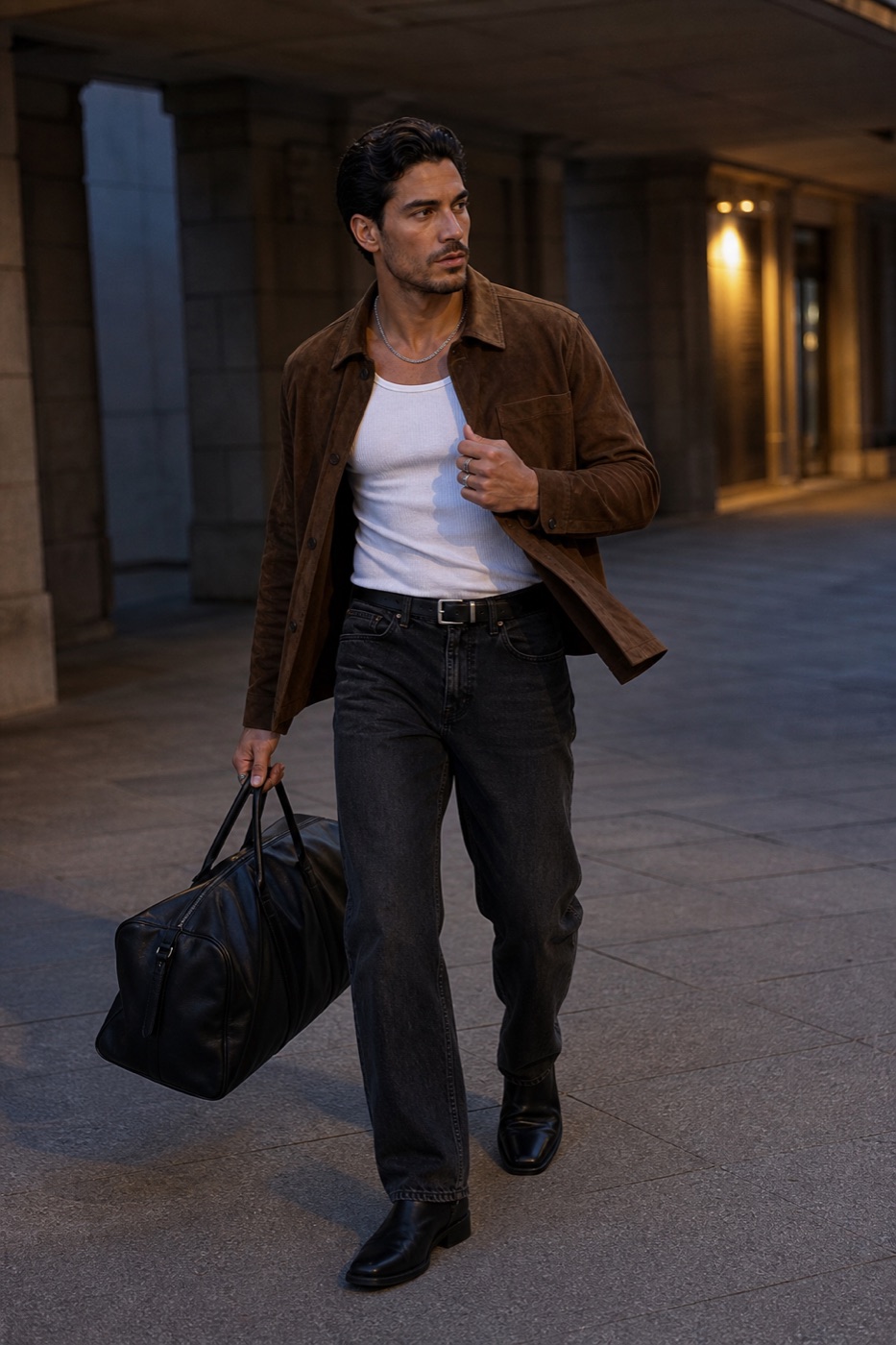 The suede layer that makes a white tank feel finished menswear outfit