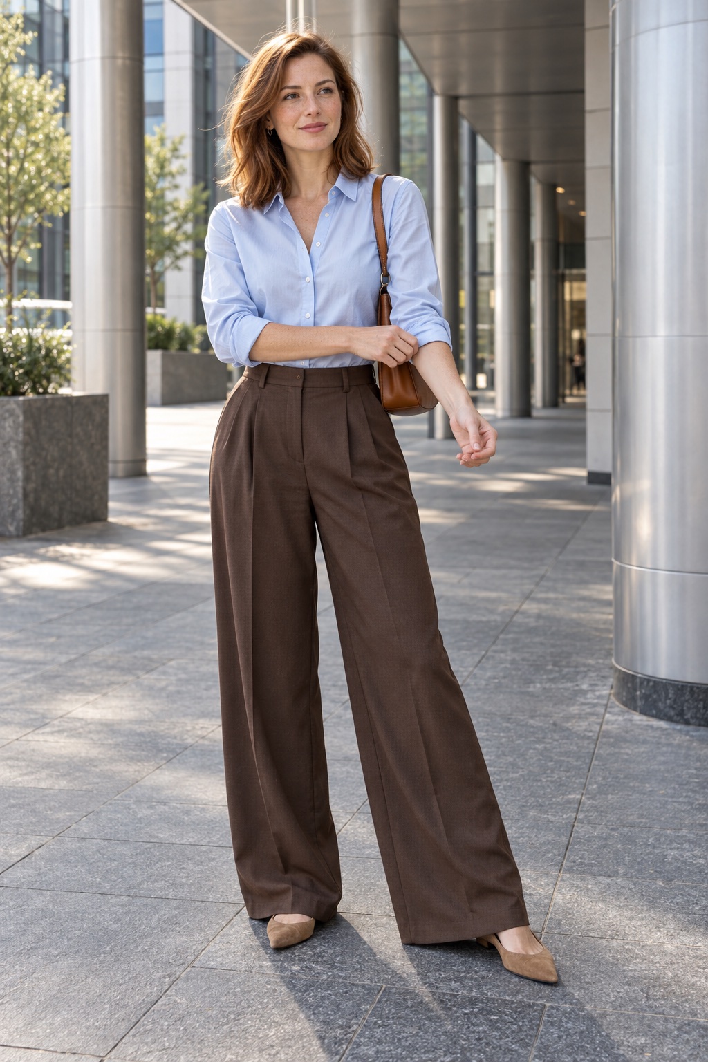 Woman rolling a sleeve of an icy-blue shirt tucked into chocolate wide trousers with tan pointed flats