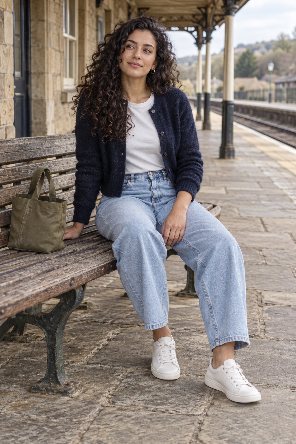 Woman seated on a train-platform bench in a short navy cardigan, ivory tee, pale curved-leg jeans and ivory sneakers