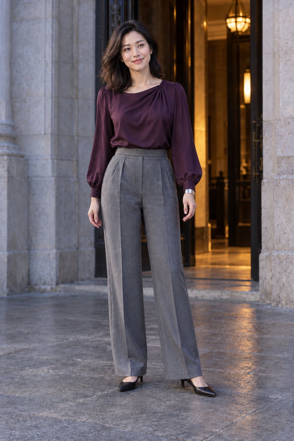 Woman in a draped plum blouse with full sleeves and high-rise slate grey wide trousers, finished with pointed black heels